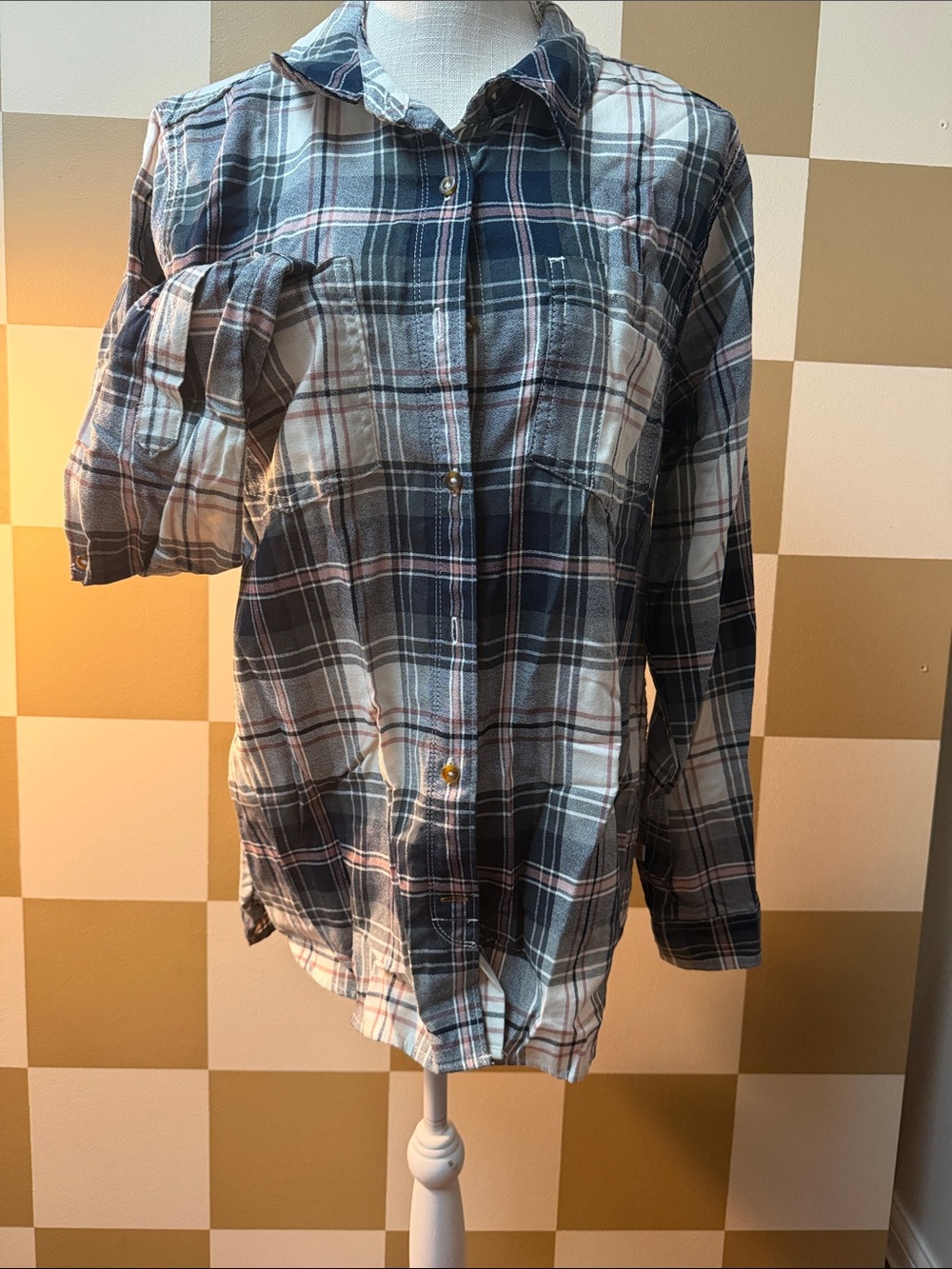 Carhartt Men's Blue, White and Brown Plaid Button-Down Shirt